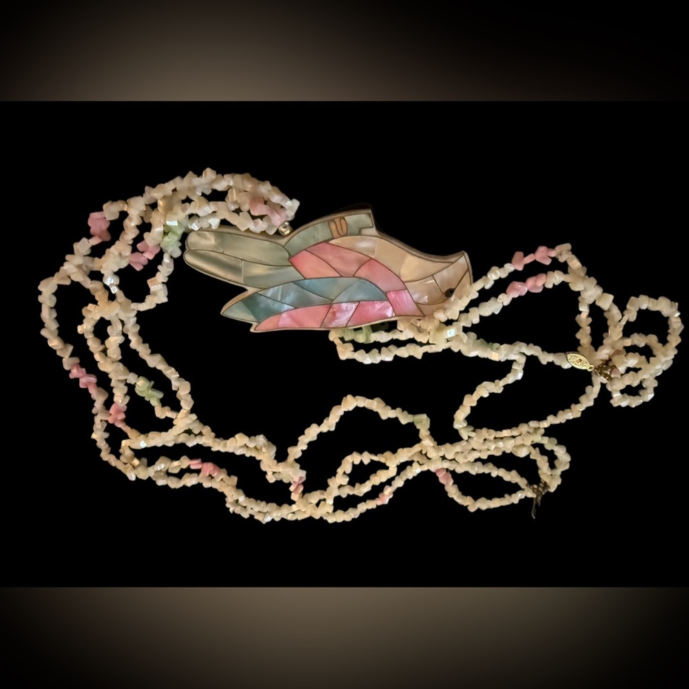 VTG DOUBLE STRAND ROSE QUARTZ & PASTEL MOP SHELL INLAY PARROT NECKLACE STERLING